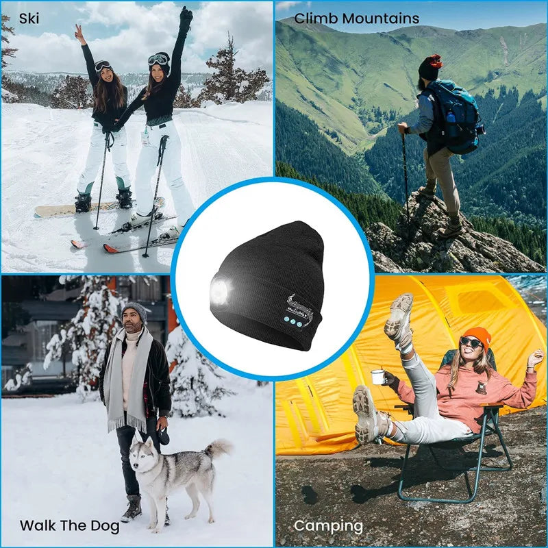 Bluetooth Beanie Hat with 5 LED Light USB Rechargeable Music Hat W/ Headlamp Headphone Speaker Mic for More Outdoor Activities