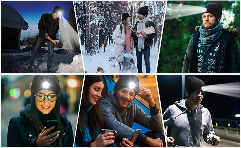 Bluetooth Beanie Hat with 5 LED Light USB Rechargeable Music Hat W/ Headlamp Headphone Speaker Mic for More Outdoor Activities