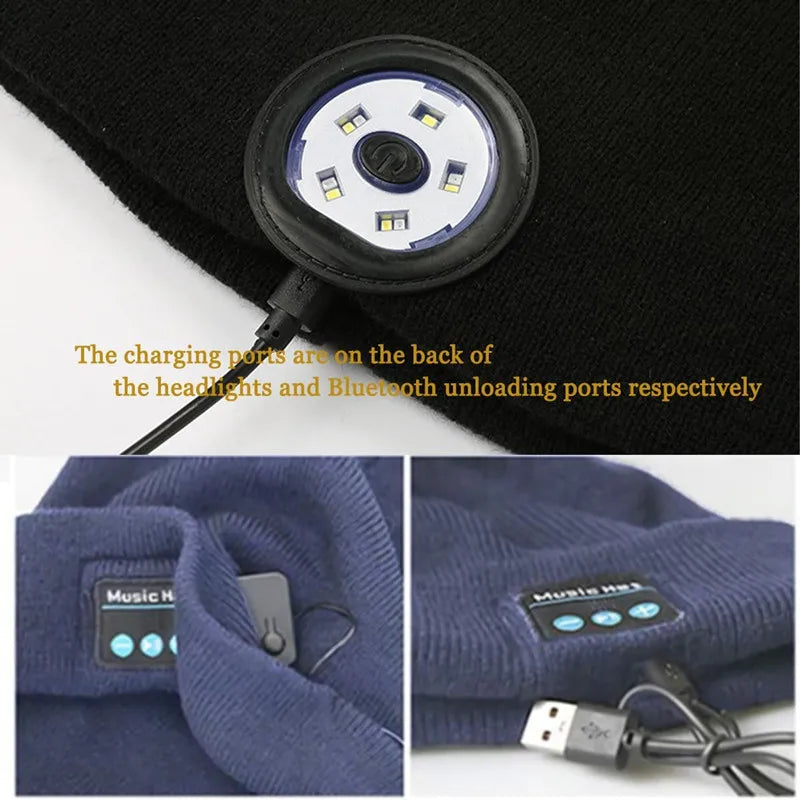 Bluetooth Beanie Hat with 5 LED Light USB Rechargeable Music Hat W/ Headlamp Headphone Speaker Mic for More Outdoor Activities