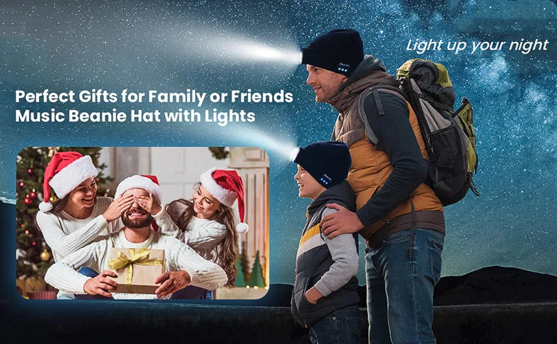 Bluetooth Beanie Hat with 5 LED Light USB Rechargeable Music Hat W/ Headlamp Headphone Speaker Mic for More Outdoor Activities