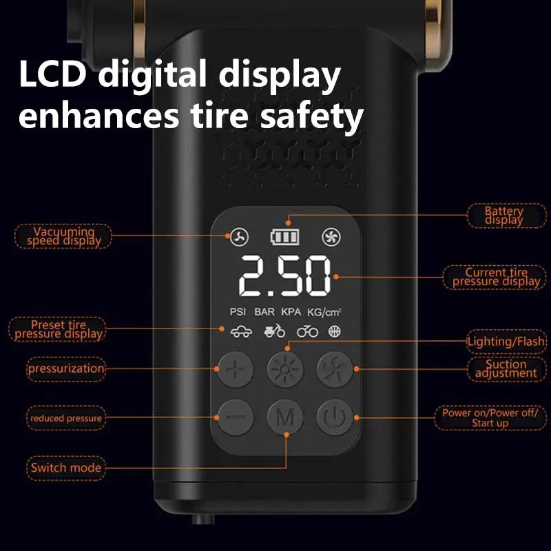 5-in-1 USB Wireless Multi-functional Vacuum Inflator Pump Quick Air Compressor 150psi Portable Self-checking Tire Pressure