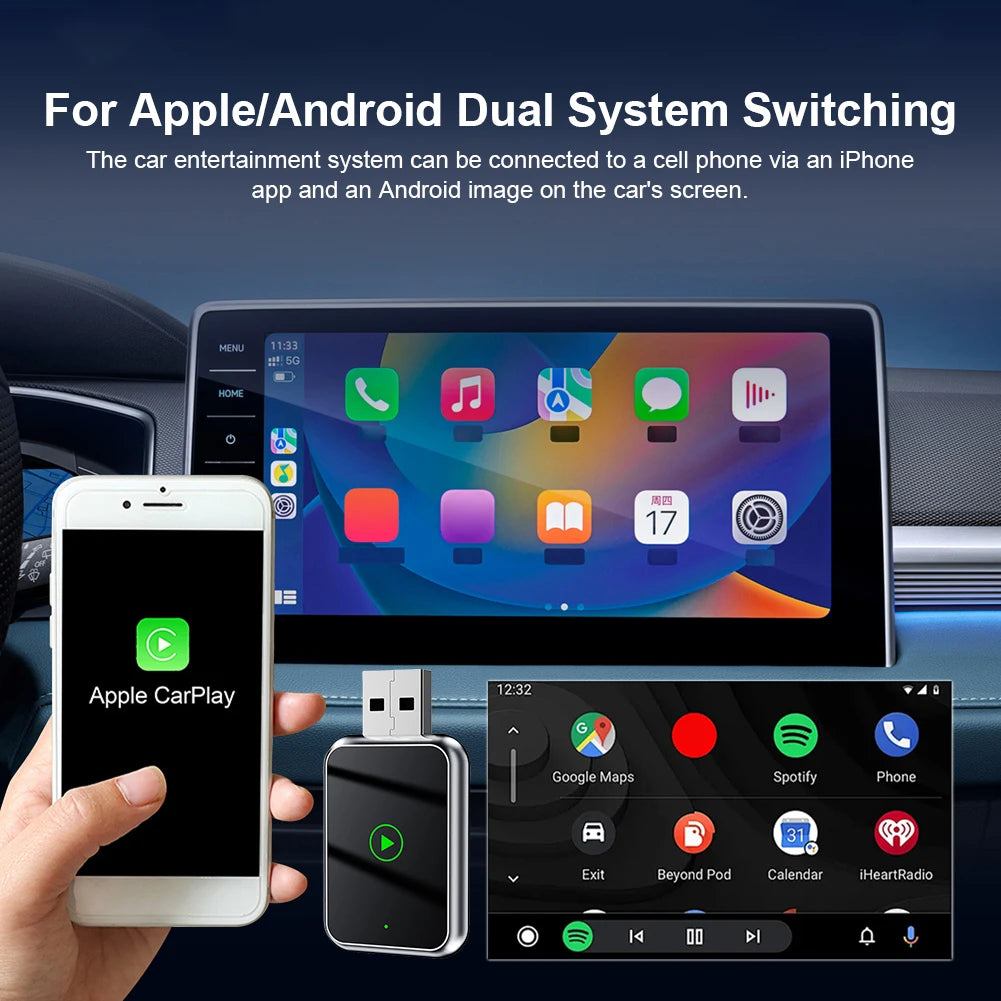 2 in 1 Wireless CarPlay Android Auto Adapter Smart Box Convert Wired To Wireless Auto Connect Plug & Play for Factory Wired Cars