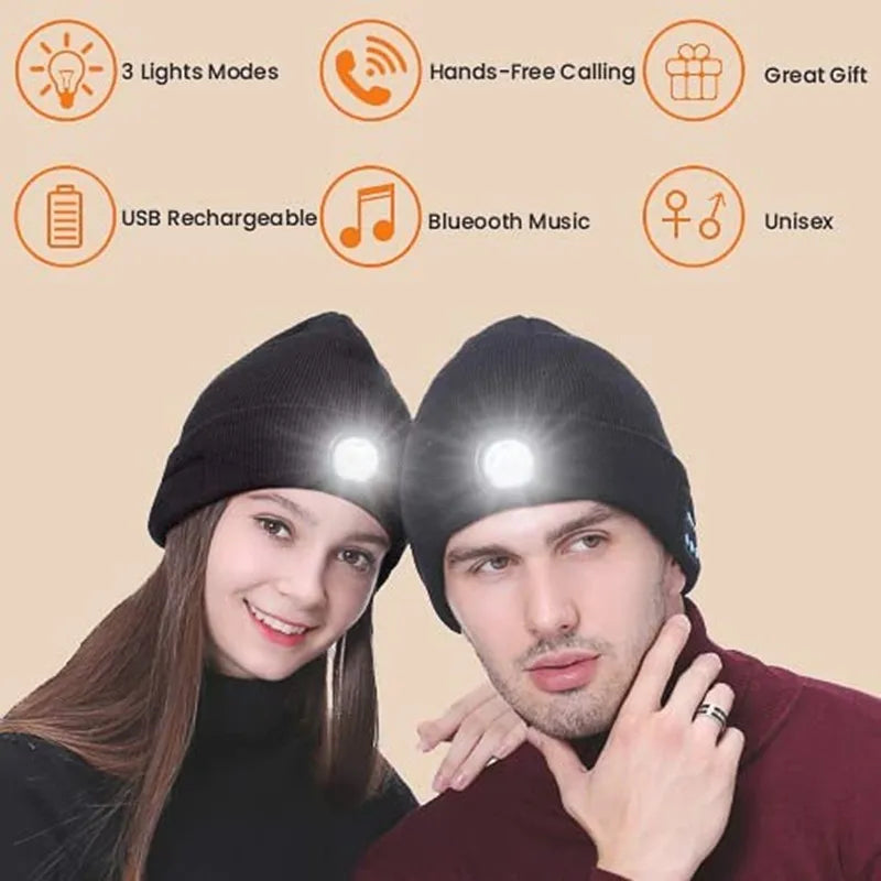 Bluetooth Beanie Hat with 5 LED Light USB Rechargeable Music Hat W/ Headlamp Headphone Speaker Mic for More Outdoor Activities