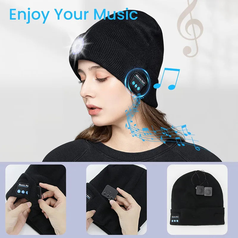 Bluetooth Beanie Hat with 5 LED Light USB Rechargeable Music Hat W/ Headlamp Headphone Speaker Mic for More Outdoor Activities