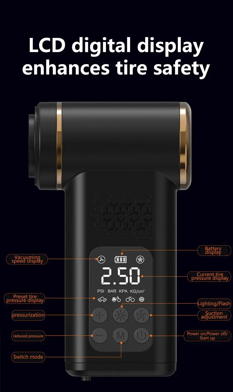 5-in-1 USB Wireless Multi-functional Vacuum Inflator Pump Quick Air Compressor 150psi Portable Self-checking Tire Pressure
