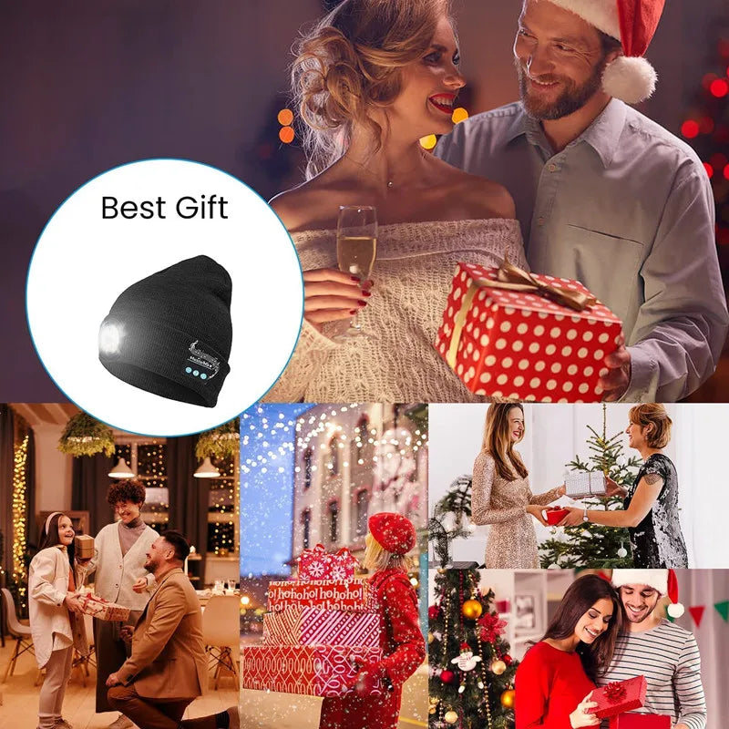 Bluetooth Beanie Hat with 5 LED Light USB Rechargeable Music Hat W/ Headlamp Headphone Speaker Mic for More Outdoor Activities