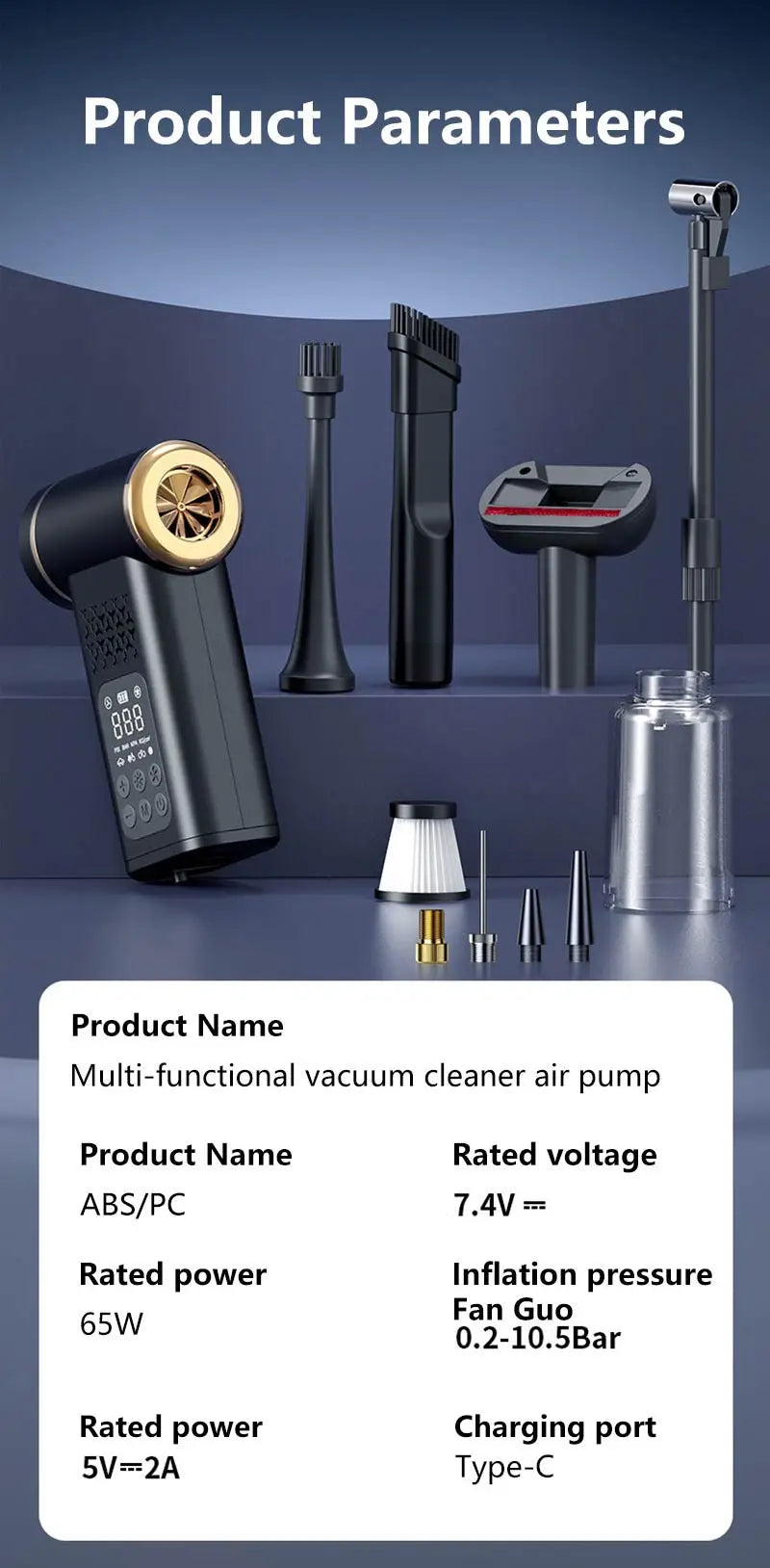 5-in-1 USB Wireless Multi-functional Vacuum Inflator Pump Quick Air Compressor 150psi Portable Self-checking Tire Pressure
