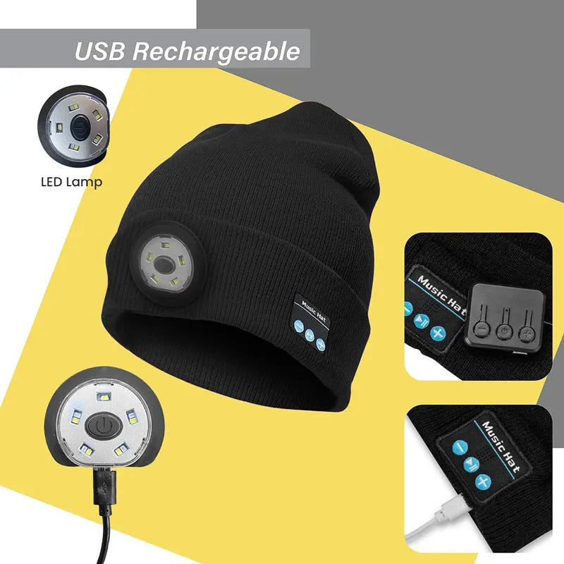 Bluetooth Beanie Hat with 5 LED Light USB Rechargeable Music Hat W/ Headlamp Headphone Speaker Mic for More Outdoor Activities