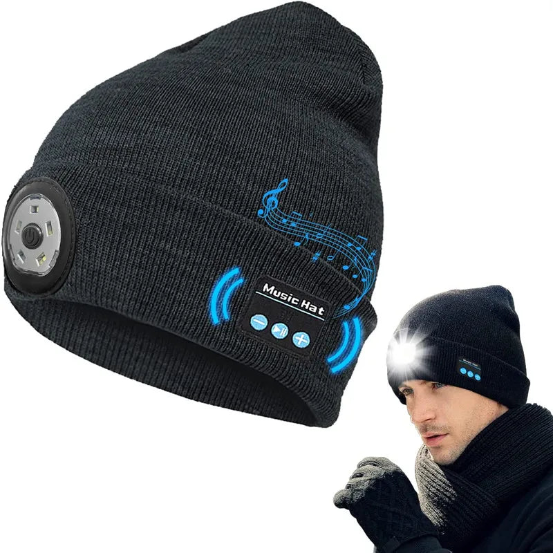 Bluetooth Beanie Hat with 5 LED Light USB Rechargeable Music Hat W/ Headlamp Headphone Speaker Mic for More Outdoor Activities
