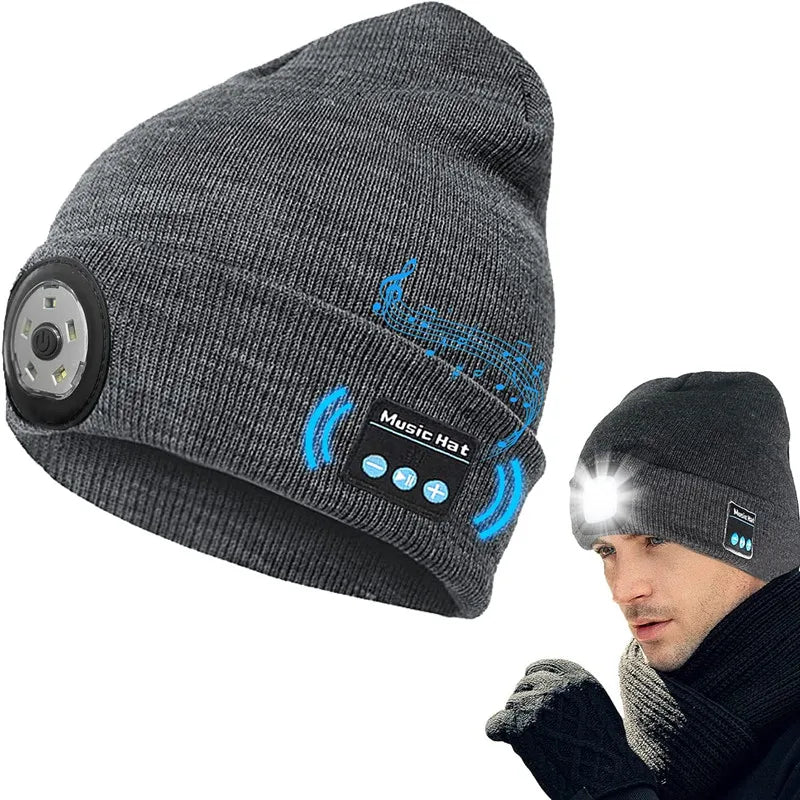 Bluetooth Beanie Hat with 5 LED Light USB Rechargeable Music Hat W/ Headlamp Headphone Speaker Mic for More Outdoor Activities