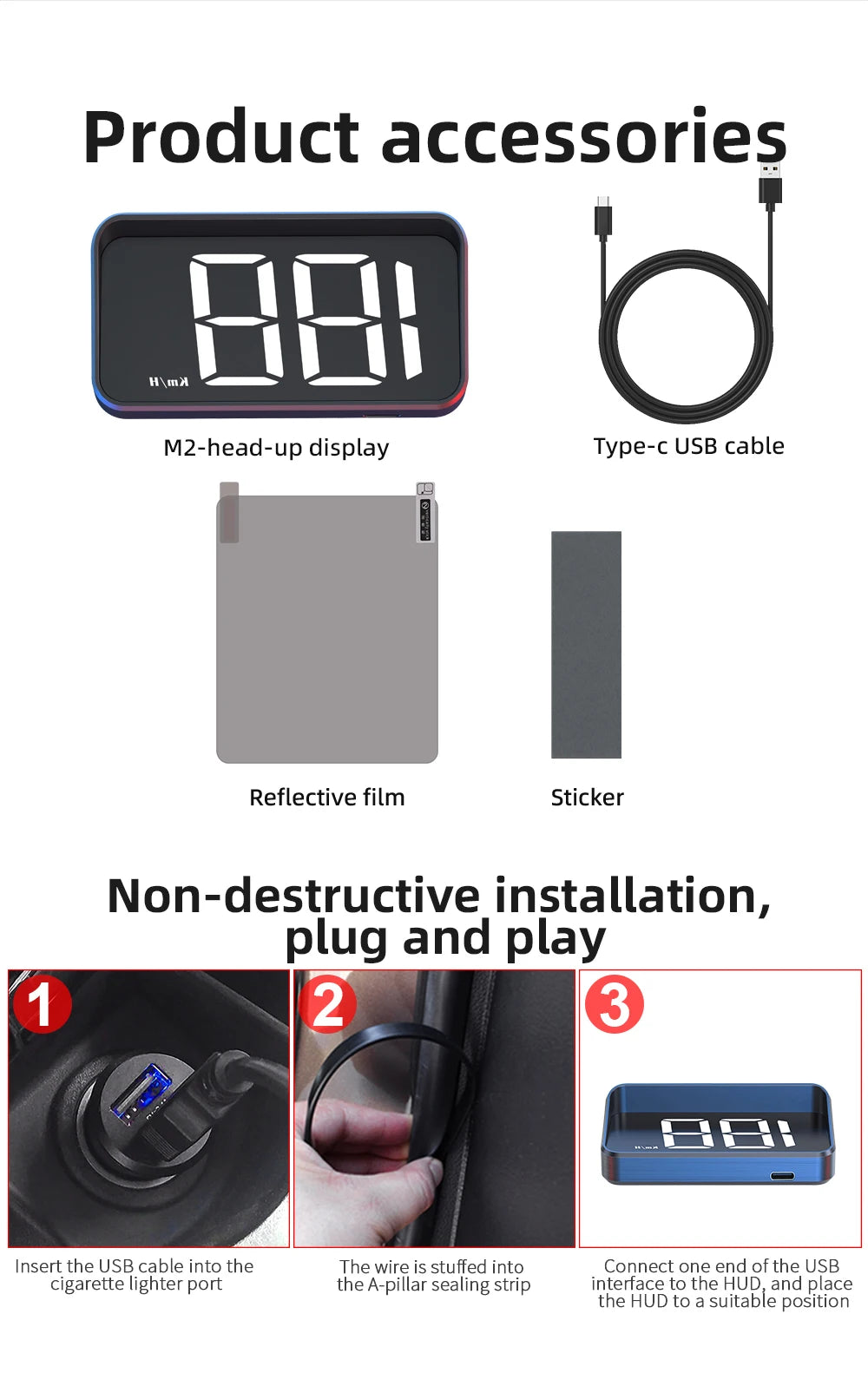 M2 GPS HUD Head Up Display Car Universal Speedometer KMH USB Cable Plug & Play GPS & Beidou Dual Satellite System