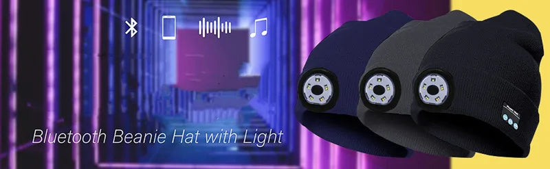 Bluetooth Beanie Hat with 5 LED Light USB Rechargeable Music Hat W/ Headlamp Headphone Speaker Mic for More Outdoor Activities