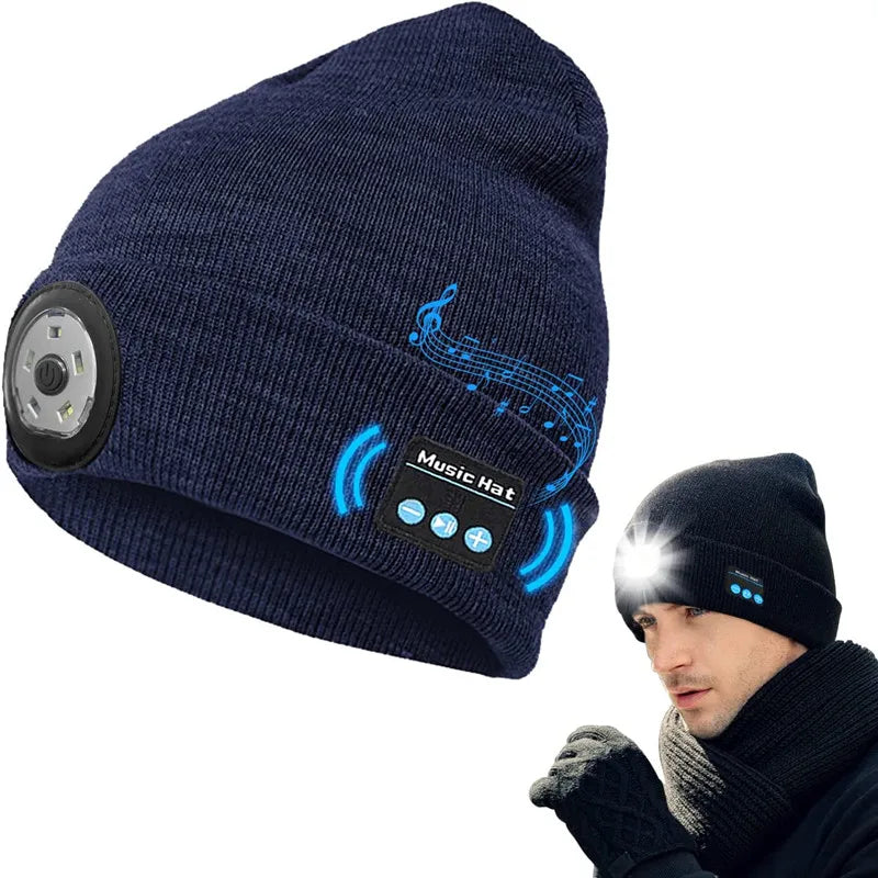Bluetooth Beanie Hat with 5 LED Light USB Rechargeable Music Hat W/ Headlamp Headphone Speaker Mic for More Outdoor Activities